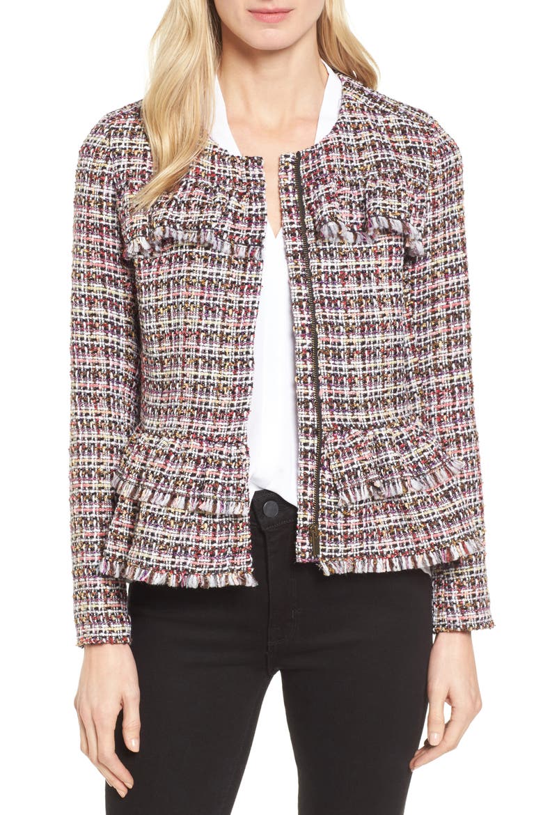 RUFFLE DETAIL TWEED JACKET, Main, color, PINK MULTI TWEED