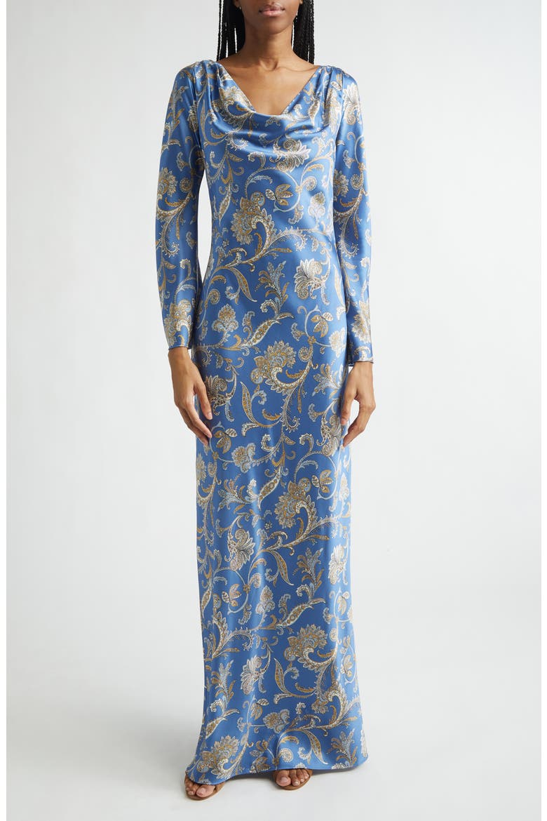 Ember Long Sleeve Paisley Silk Blend Maxi Dress, Main, color, BLUE COAST MULTI
