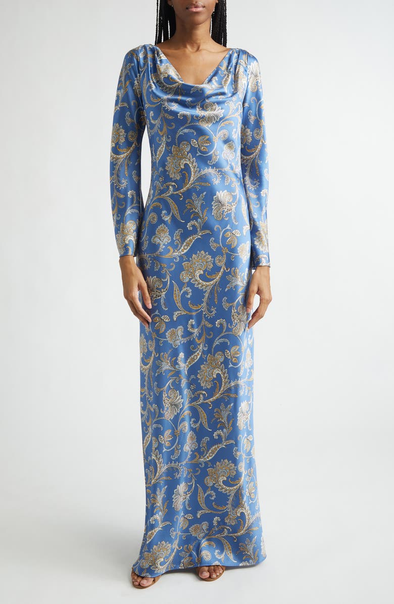 Veronica Beard Ember Long Sleeve Paisley Silk Blend Maxi Dress, Main, color, Blue Coast Multi