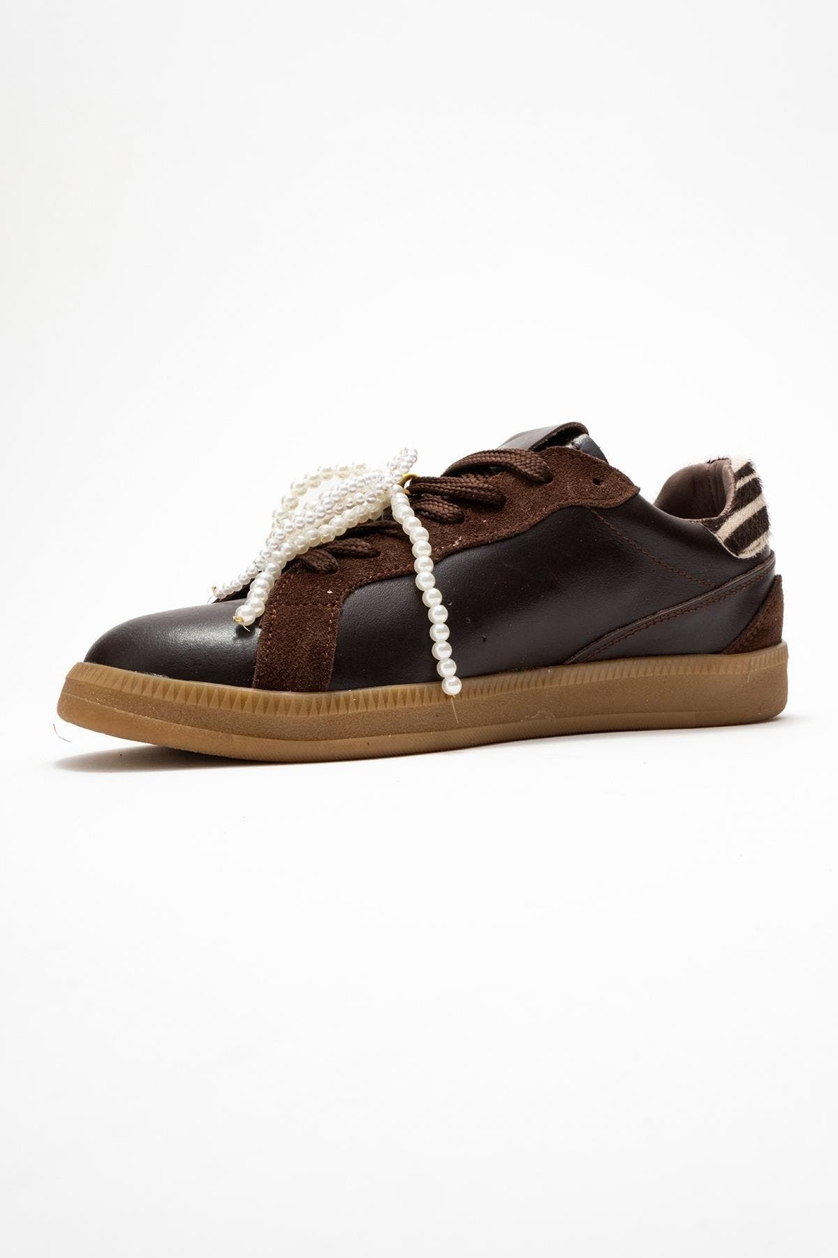 Taren Leather Pearl Buckle Sneakers, Alternate, color, Brown Leather