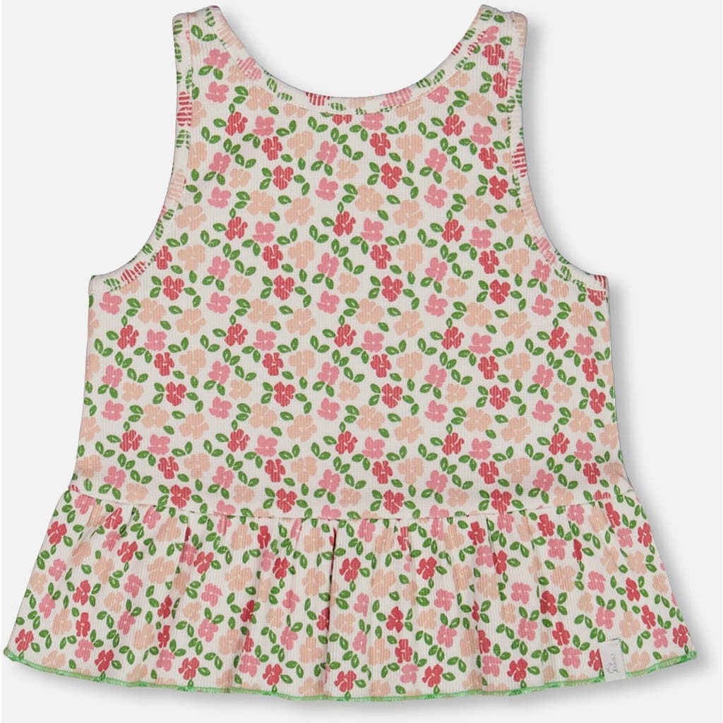 Deux Par Deux Little Girl's Printed Tank Top With Flounce Small Flowers On White Background In Small Flowers On White