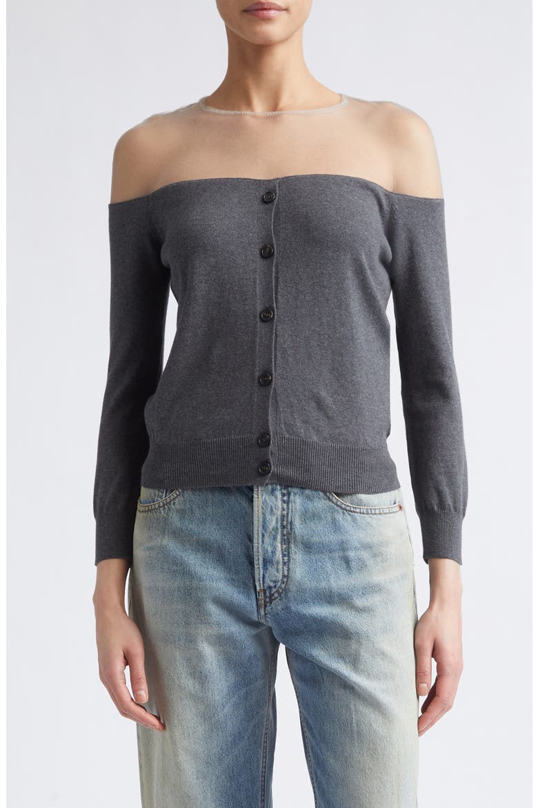 Sheer Yoke Cotton & Nylon Cardigan, Main, color, DARK GREY MELANGE