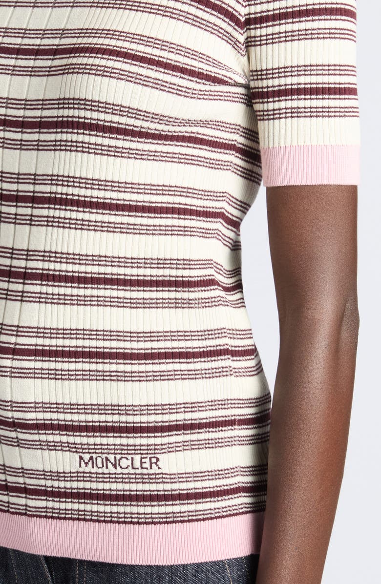 Moncler Stripe Rib Short Sleeve Cotton Sweater, Alternate, color, White/ Beige