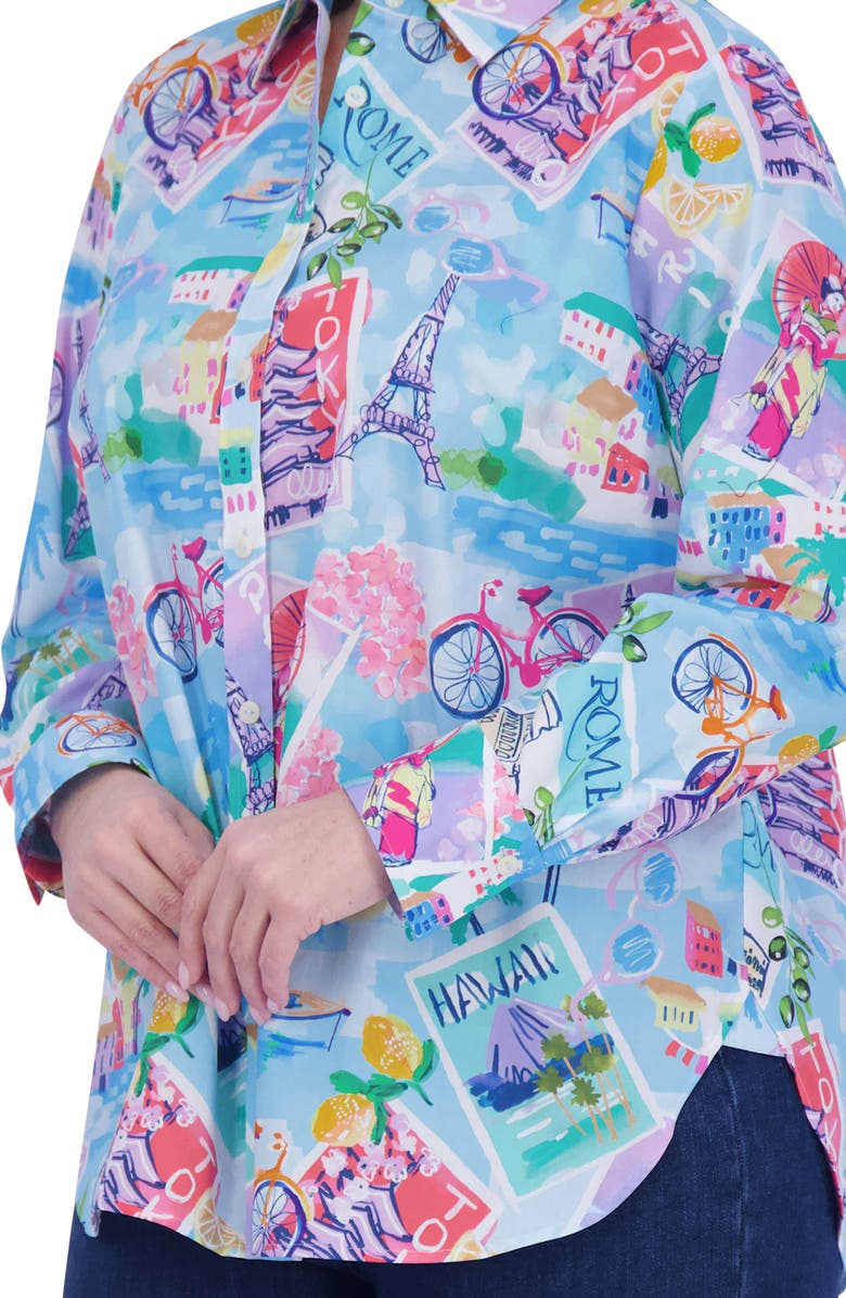 Foxcroft Meghan Travel Print Cotton Button-Up Shirt, Alternate, color, Blue Multi