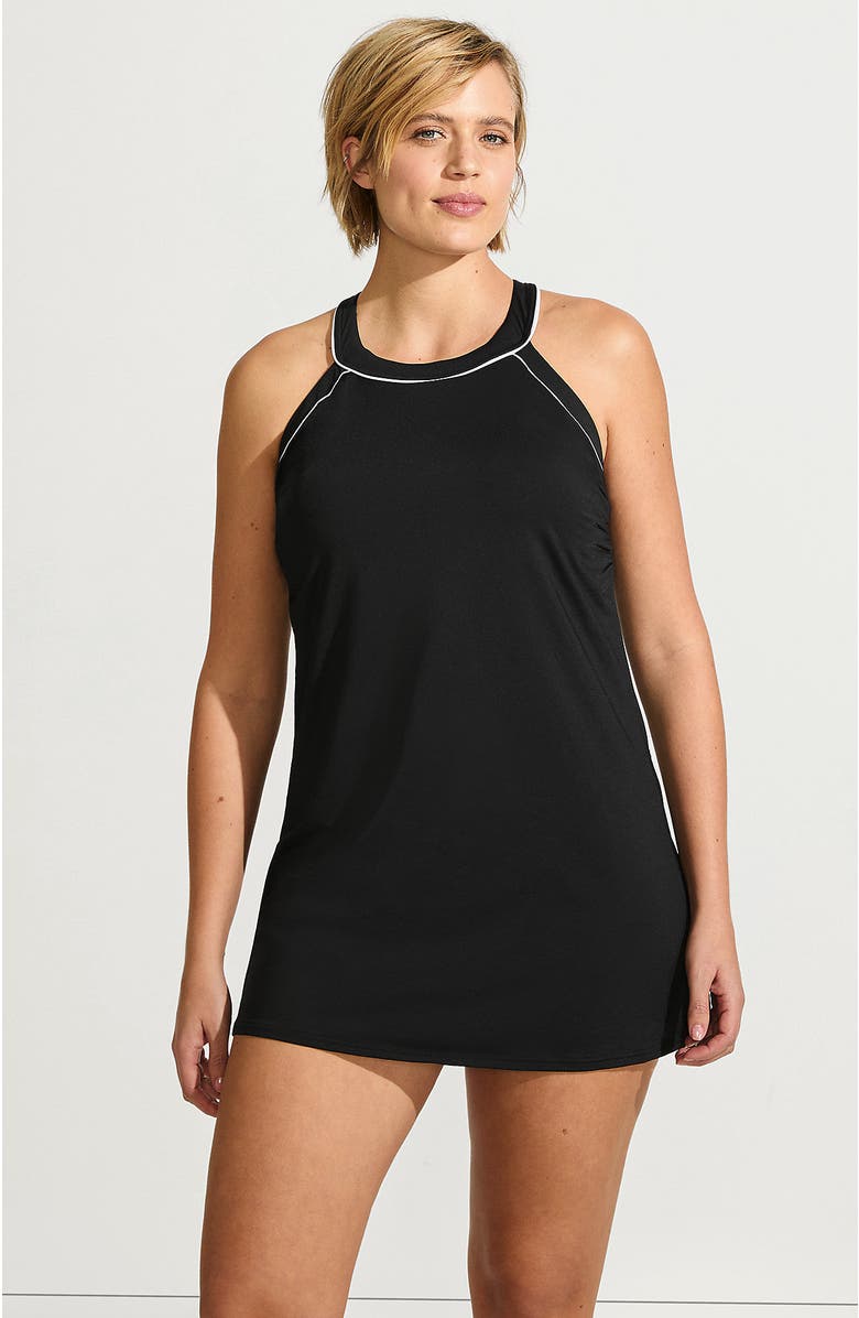 Lands' End Plus Size DD-Cup Chlorine Resistant High Neck Swim Dress One Piece Swimsuit Adjustable Strap, Main, color, Black/White