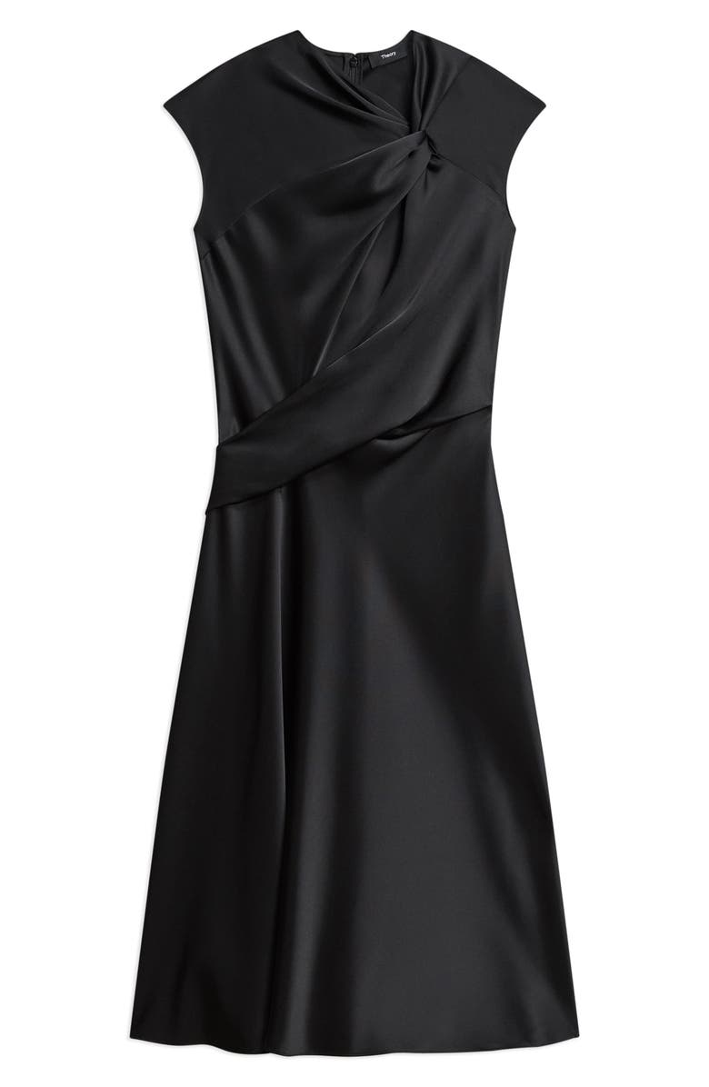 Theory Twist Bodice Satin Midi Dress, Alternate, color, Black