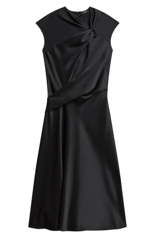Theory Twist Bodice Satin Midi Dress In Black