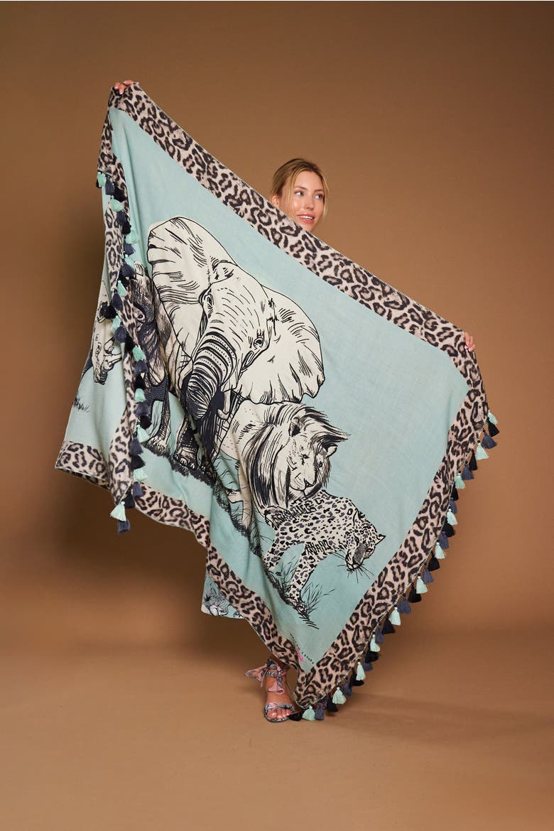 Printed And Embroidered Scarf With Tassels in safari design, Alternate, color, Mint