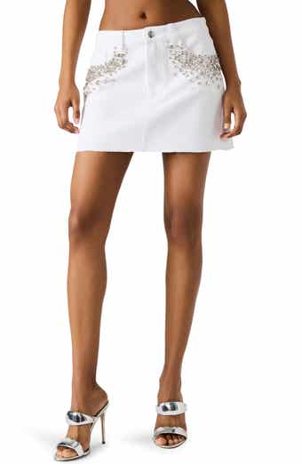Steve Madden Eras Rhinestone Raw Hem Denim Miniskirt
