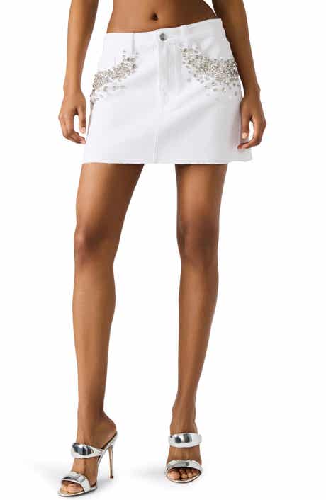 Steve Madden Eras Rhinestone Raw Hem Denim Miniskirt