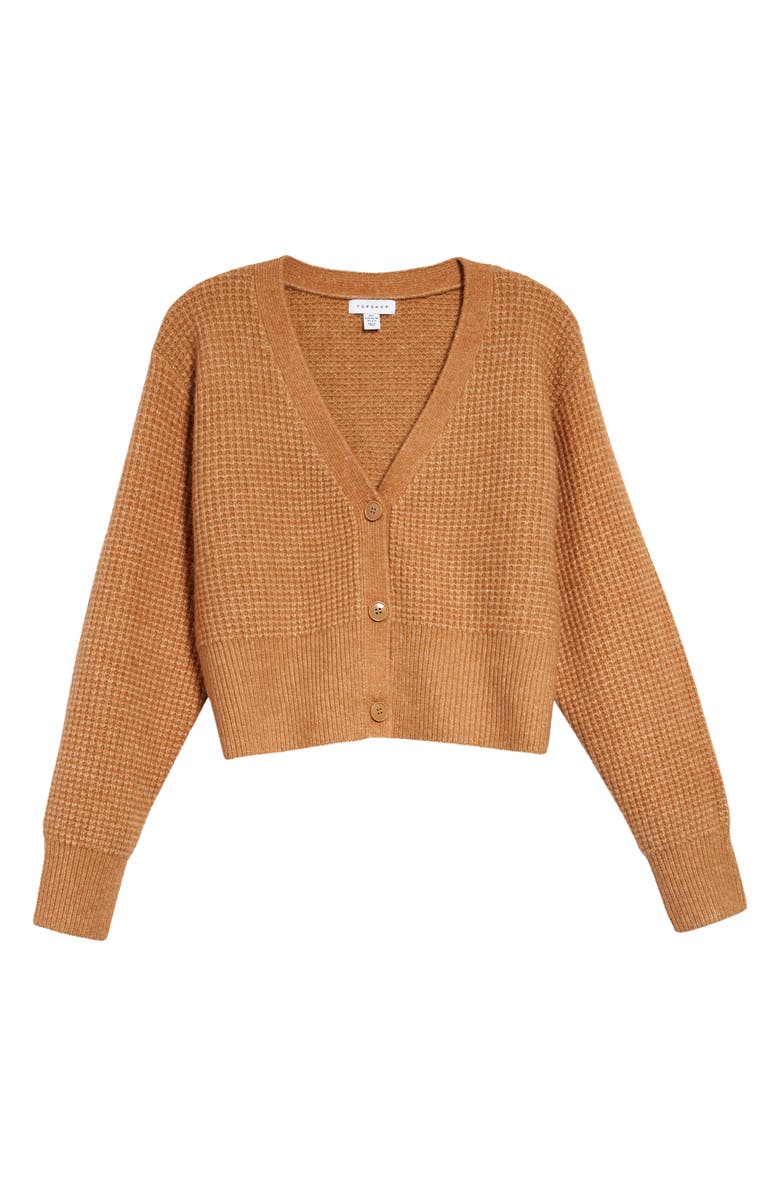 Topshop Waffle Knit Crop Cardigan, Alternate, color, Camel