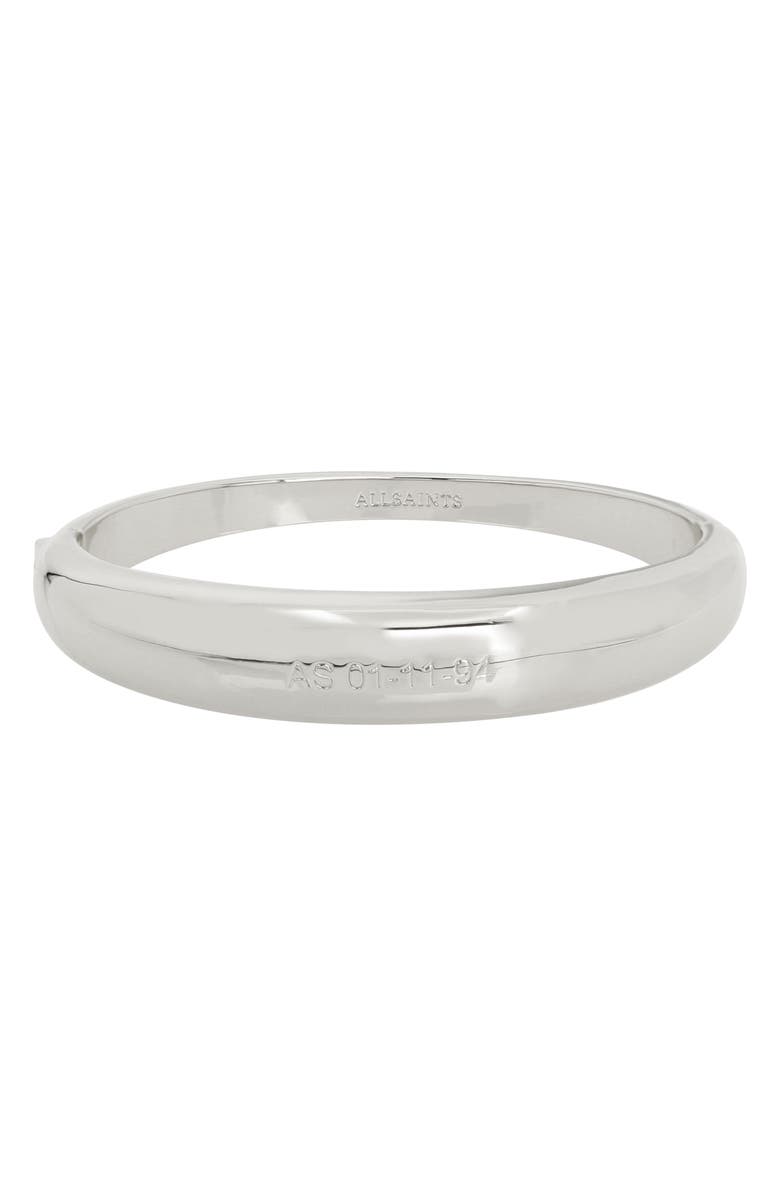 AllSaints Logo Hinged Bangle Bracelet, Main, color, Rhodium