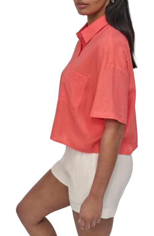 Dkny Jeans Oversize Linen Blend Crop Button-up Shirt In Red