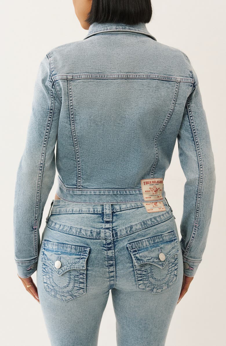 True Religion Jesse Crop Denim Trucker Jacket, Alternate, color, Light Sparklin Pear Wash