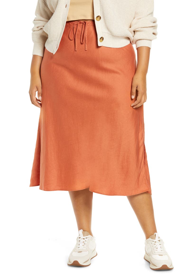 Linen Blend Drawstring Midi Skirt, Main, color, AFTERGLOW RED