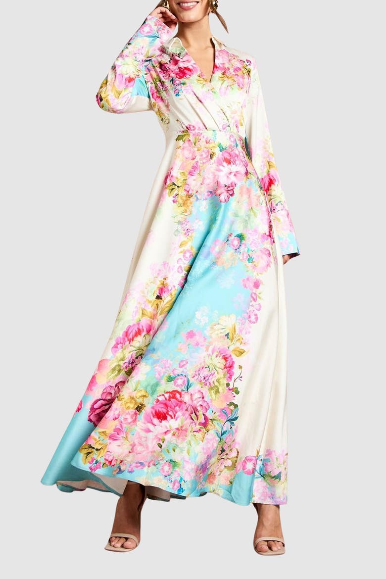 Placement Print Wrap Front Gown, Alternate, color, Multi