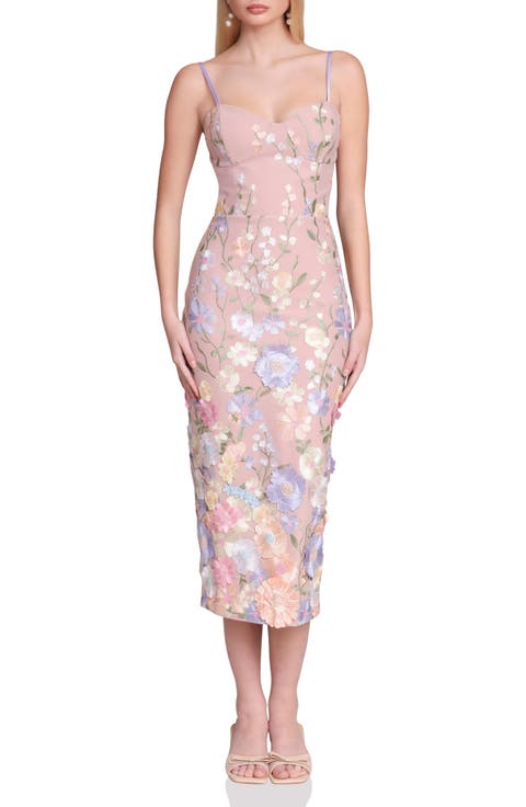 Embroidered Floral Appliqué Stretch Cotton Midi Sheath Dress