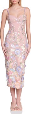 Avec Les Filles Embroidered Floral Appliqué Stretch Cotton Midi Sheath Dress