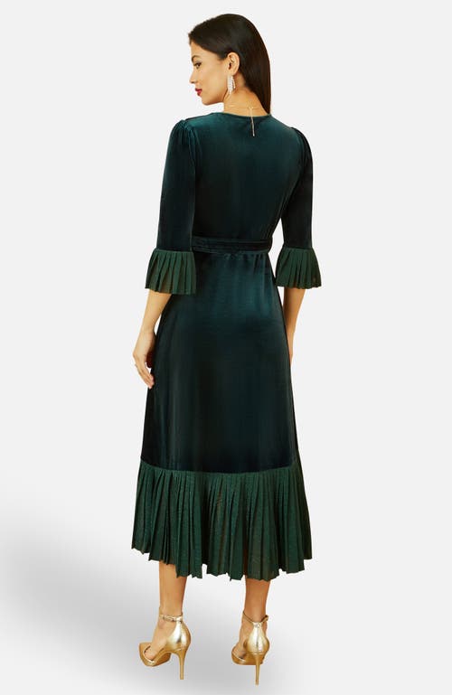 Yumi Velvet Wrap V-neck Midi Dress In Green