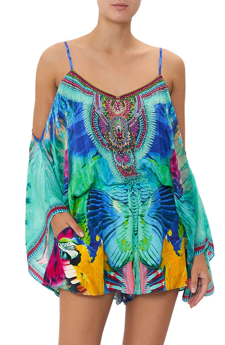Camilla Embellished Cold Shoulder Silk Romper, Main, color, 
