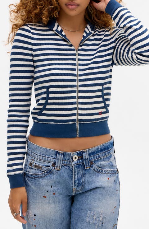 Stripe Waffle Stitch Crop Zip Hoodie