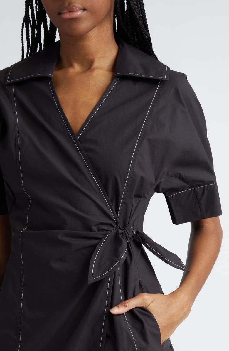 Ganni Organic Cotton Wrap Minidress, Alternate, color, Black