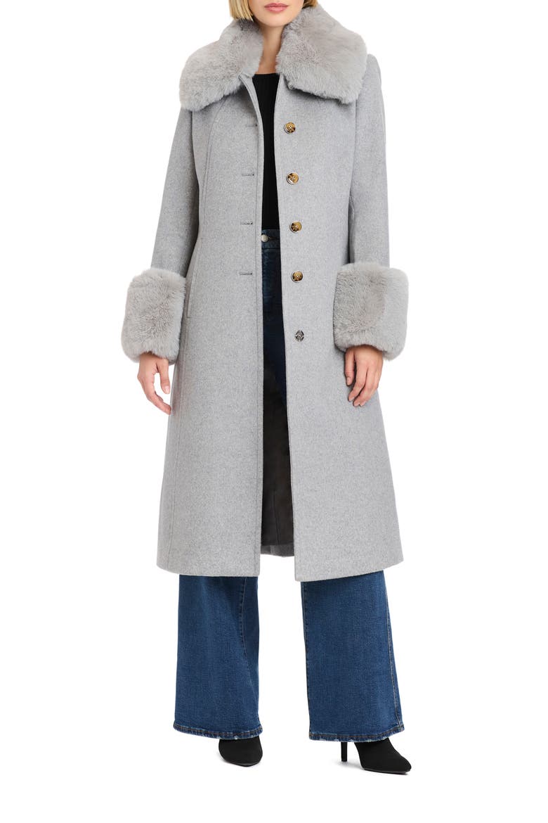 Single Breasted Coat with Removable Faux Fur Collar & Cuffs, Alternate, color, GREY