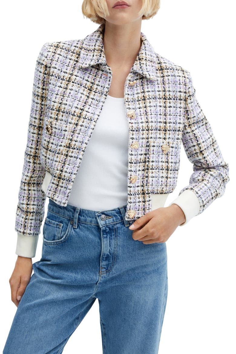 Plaid Tweed Crop Bomber Jacket, Main, color, LIGHT/ PASTEL PURPLE