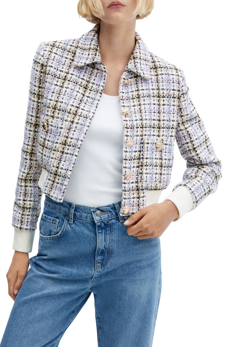 MANGO Plaid Tweed Crop Bomber Jacket, Main, color, 