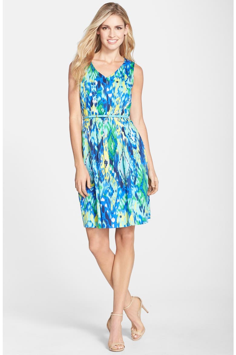 Belted Print Cotton Fit & Flare Dress, Alternate, color, BLUE MULTI