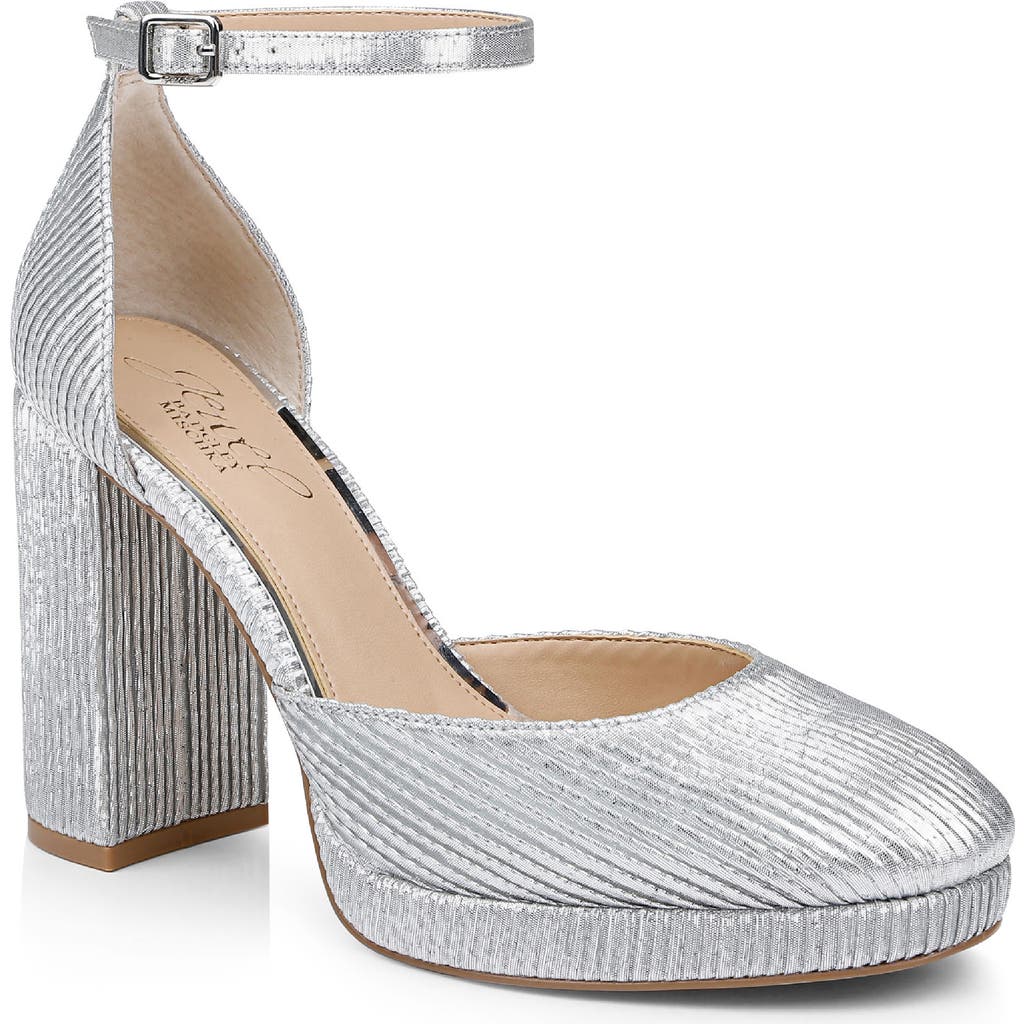 Jewel Badgley Mischka Stephanie Ankle Strap Platform Pump In Silver Fabric