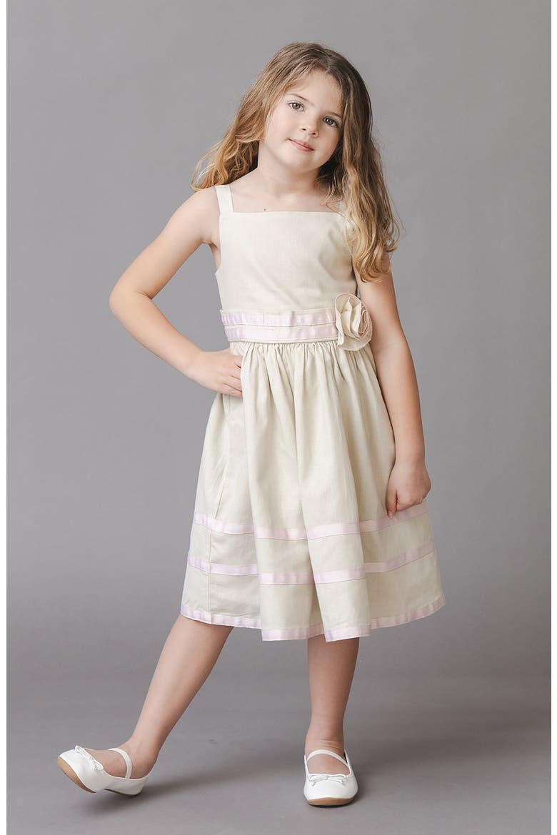 Kids' Linen Cami Rosette Dress, Alternate, color, Sand Linen