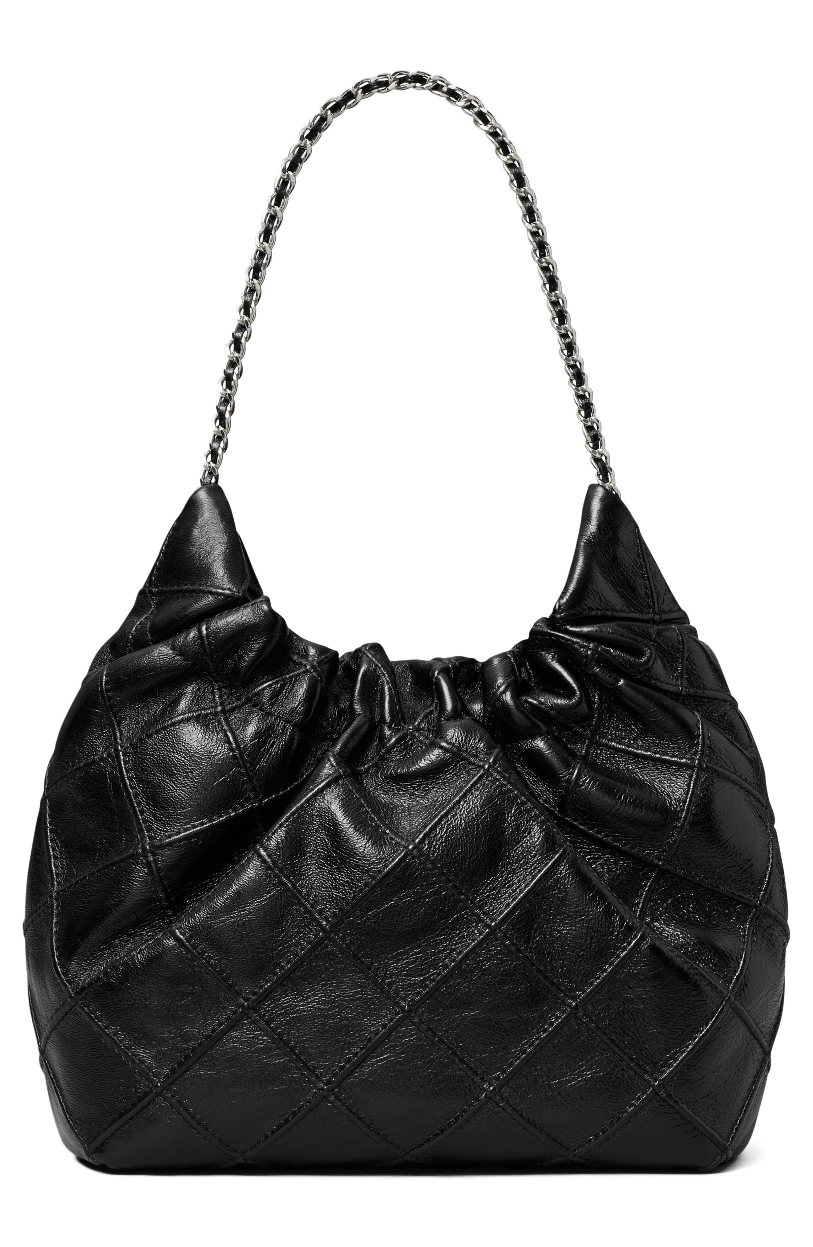Tory Burch Mini Fleming Distressed Leather Hobo Bag, Alternate, color, Black