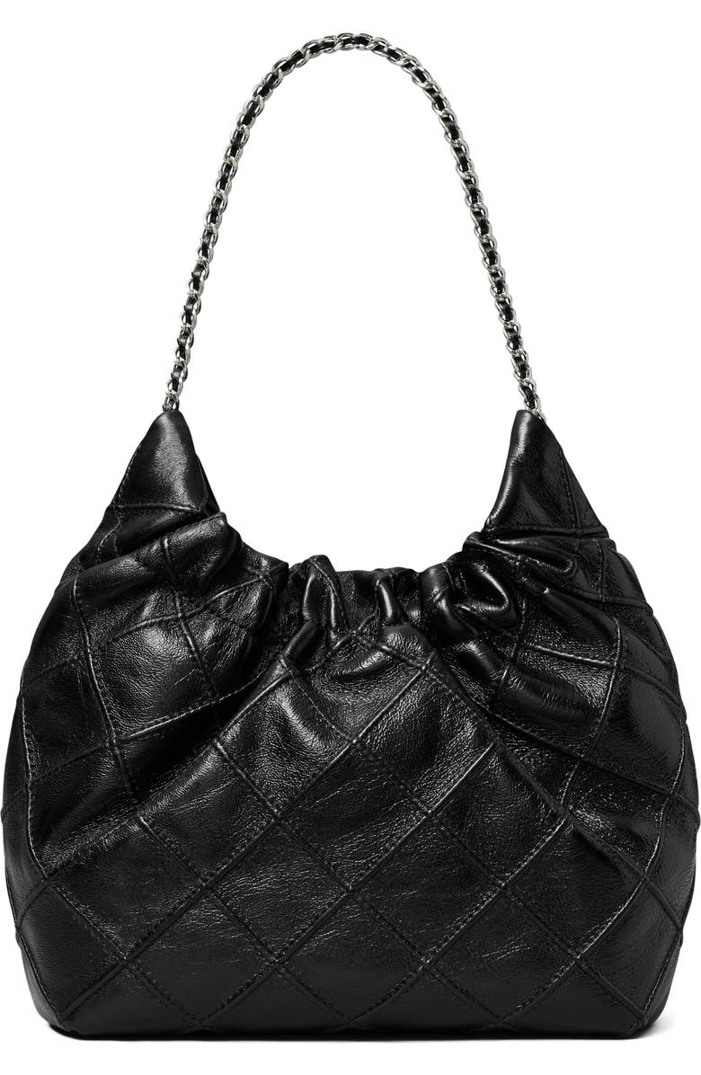 Tory Burch Mini Fleming Distressed Leather Hobo Bag, Alternate, color, Black