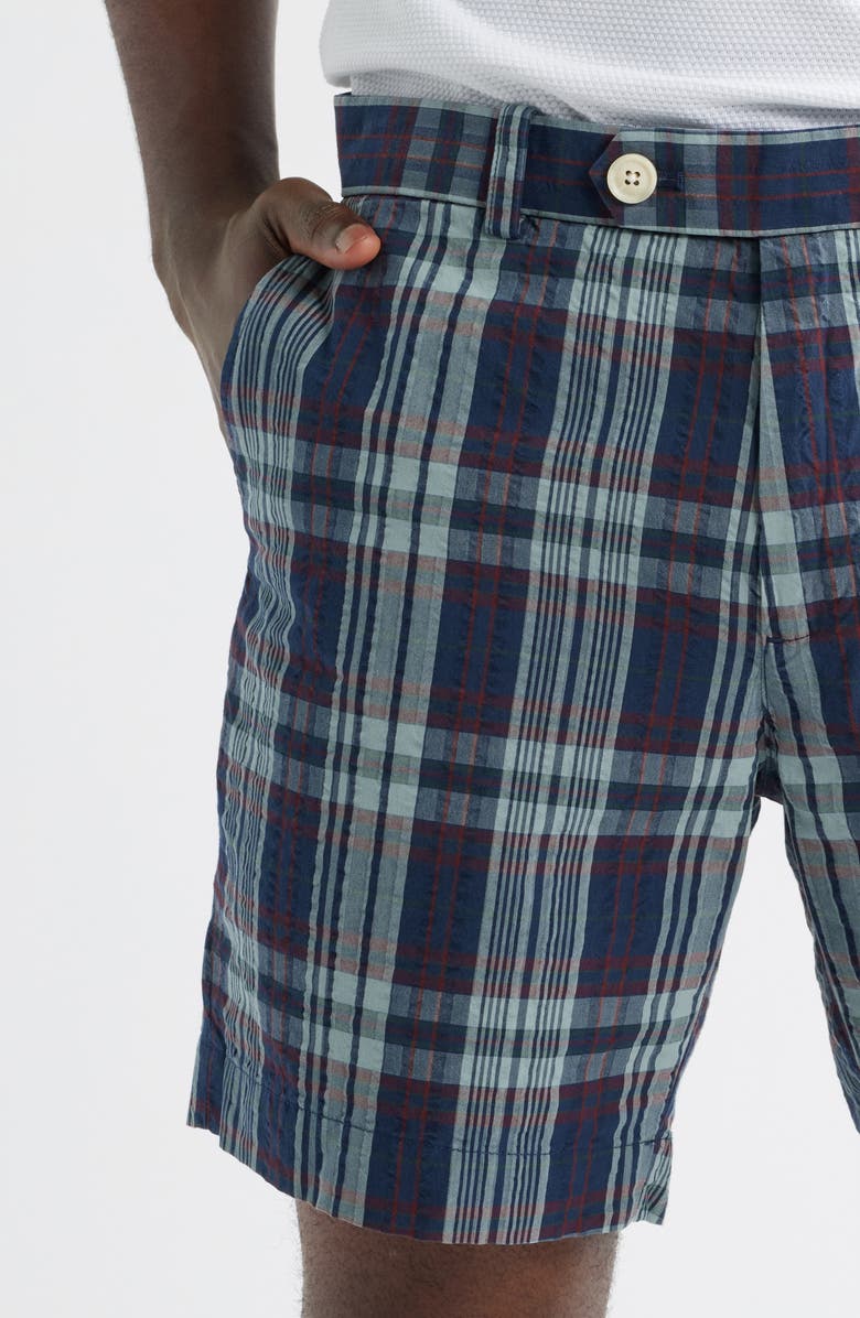Brooks Brothers Plaid Flat Front Cotton Seersucker Shorts, Alternate, color, Navy Madras