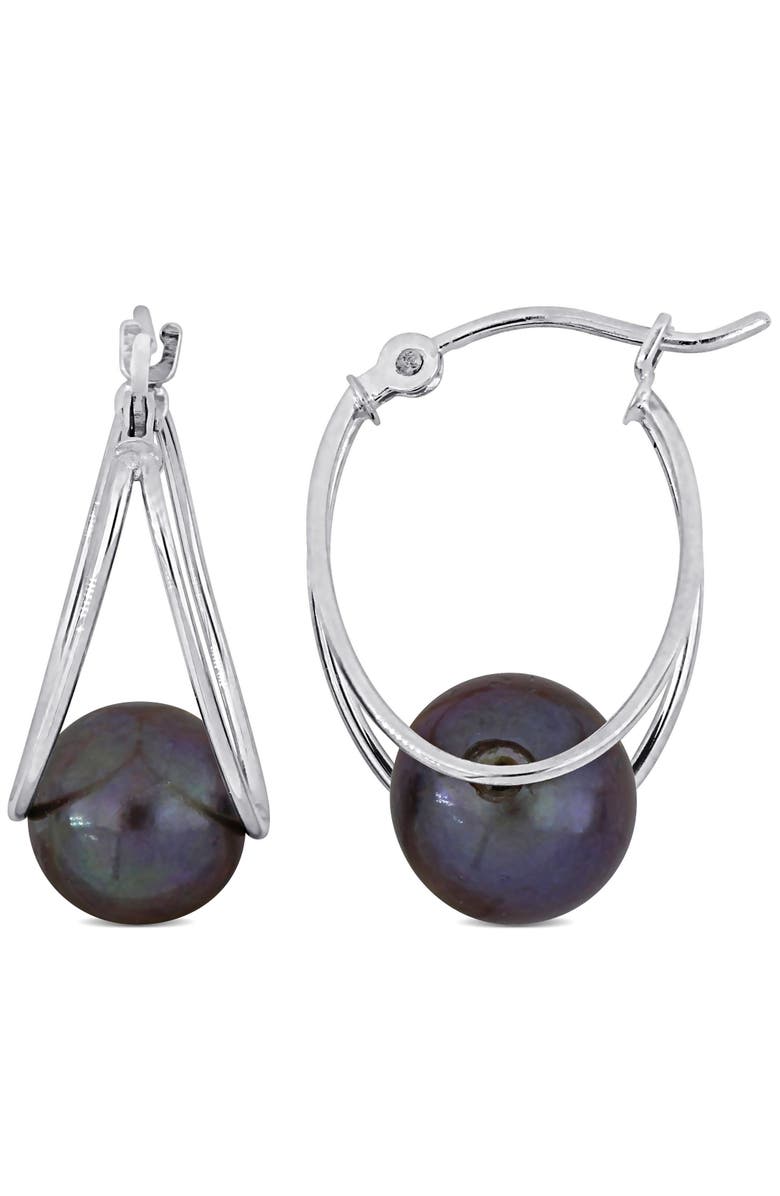 Julianna B. Cultured Pearl Drop Hoop Earrings 10k, Main, color, Black Pearl/White Gold