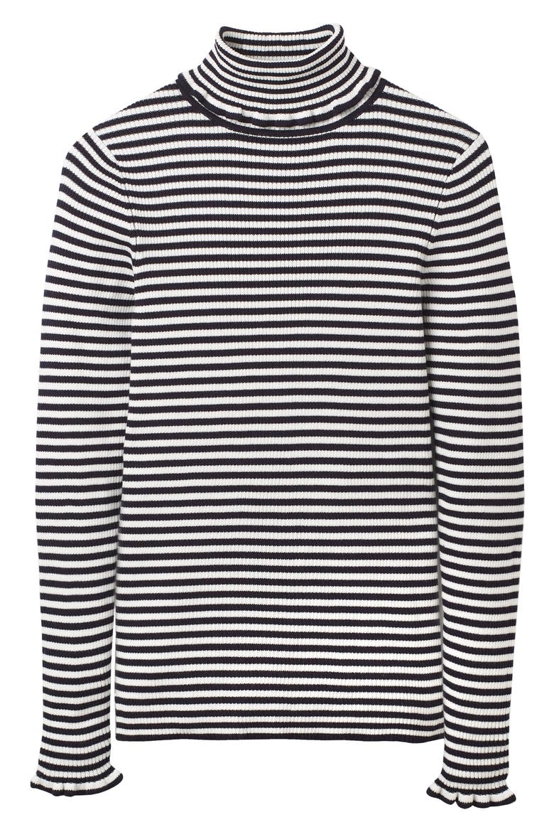 Frill Turtleneck Cotton Blend Sweater, Alternate, color, NAVY/ IVORY STRIPE