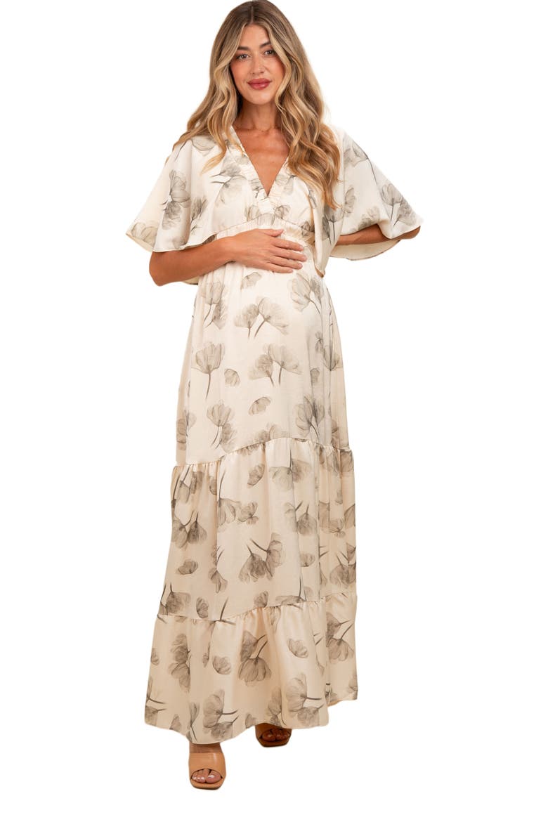 Floral Deep V-Neck Maxi Dress, Alternate, color, Cream