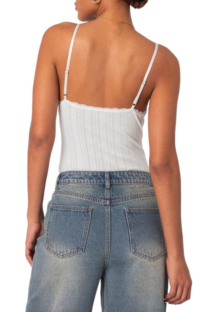 EDIKTED Krysten Pointelle Lace Trim Bodysuit, Alternate, color, White