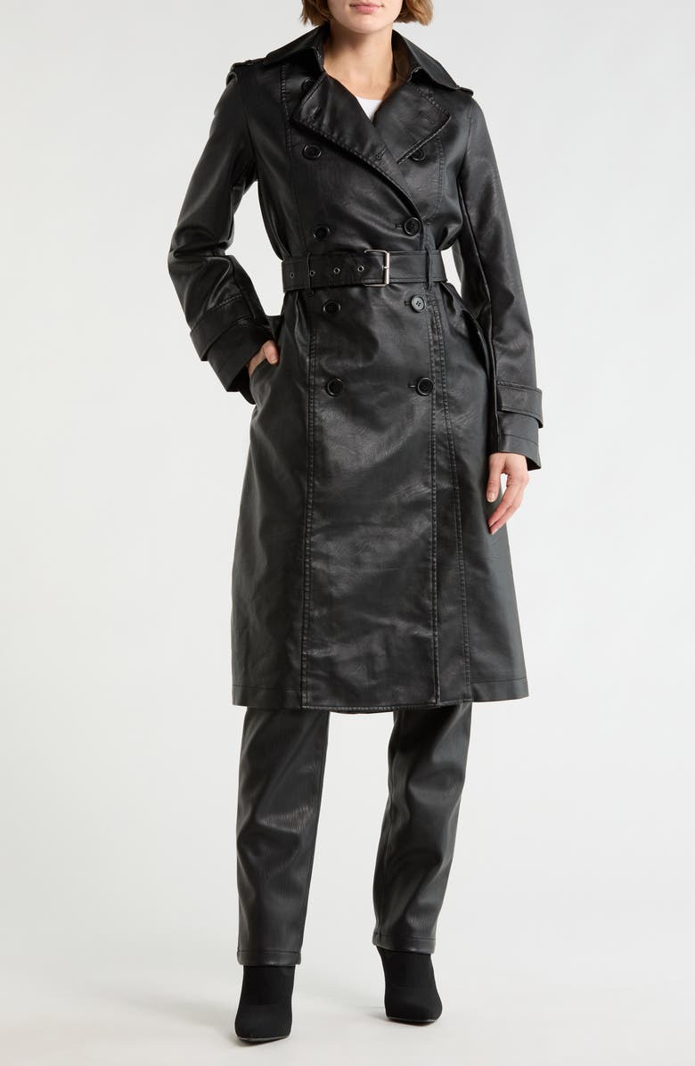 MAX STUDIO Faux Leather Long Trench Coat, Main, color, Black-Black