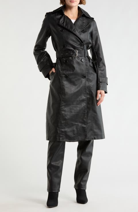 Faux Leather Long Trench Coat