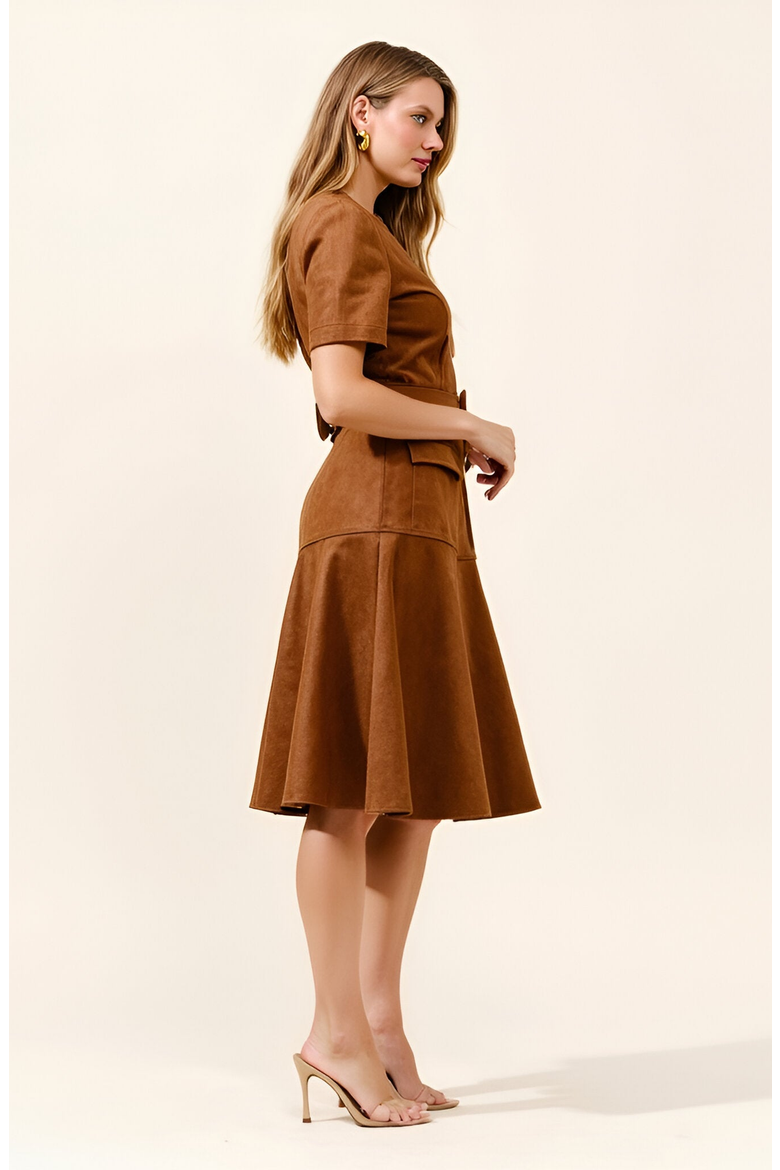 Short Sleeve Mini Dress with Belted Waist and Utility Pockets, Alternate, color, Brown