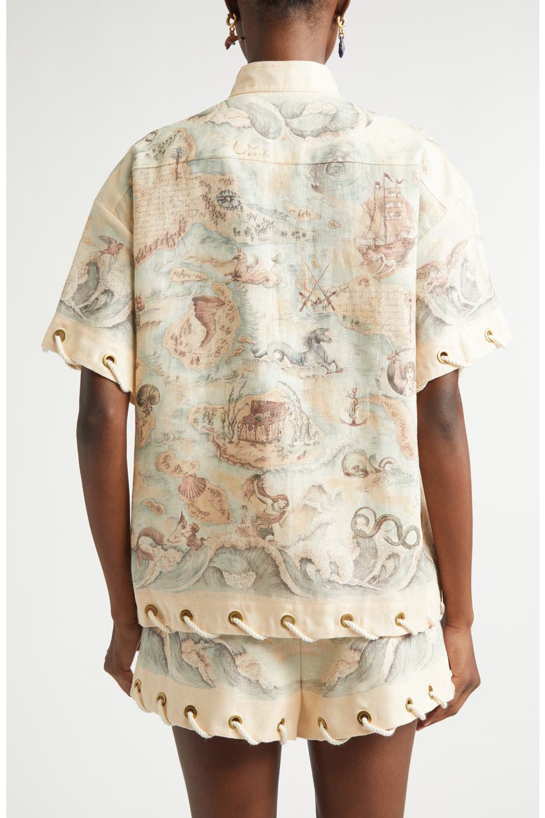 Rebellion Rope Trim Linen Button-Up Shirt, Alternate, color, TREASURE MAP