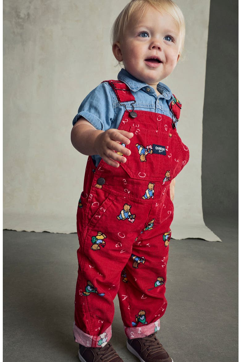 Print Corduroy Overalls, Alternate, color, RED BEAR OVERALL