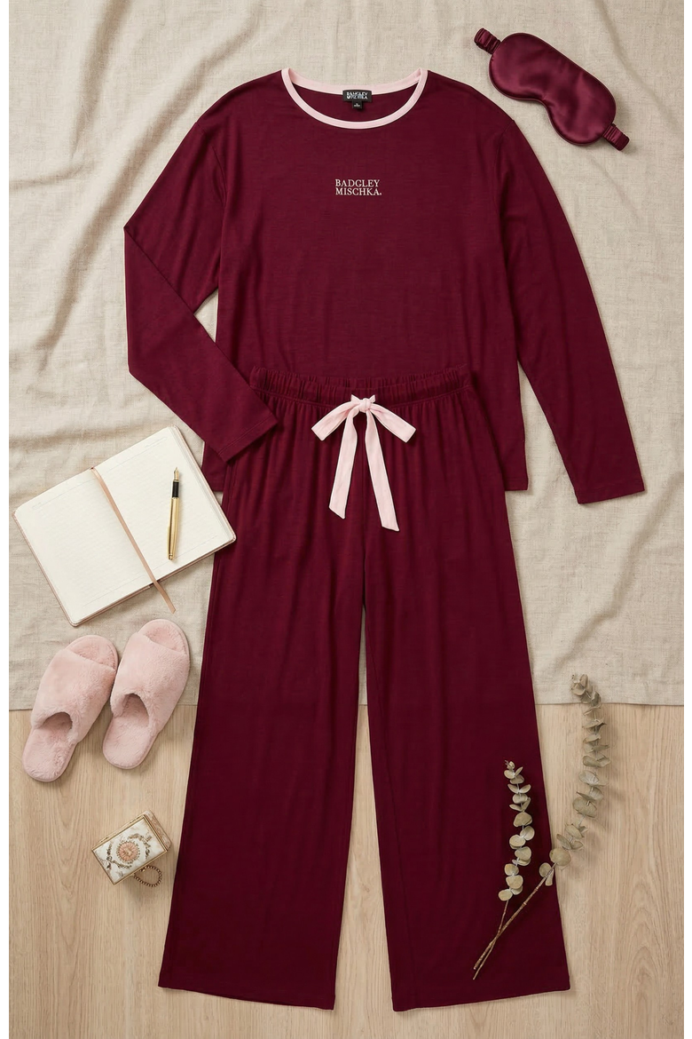 Yummy Jersey Crew Neck Print Top & Wide Leg Pants Set, Alternate, color, Ruby
