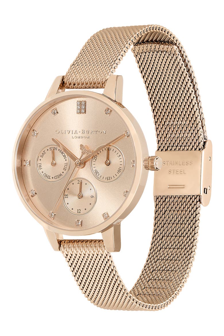 Multifunction Mesh Strap Watch, 34mm, Alternate, color, CARNATION GOLD