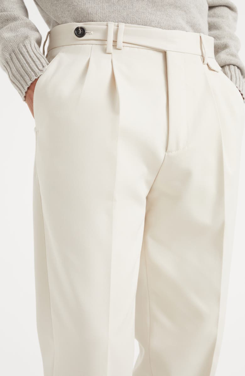 Brunello Cucinelli Cotton and virgin wool gabardine leisure fit trousers with double pleats and tabbed waistband, Alternate, color, 