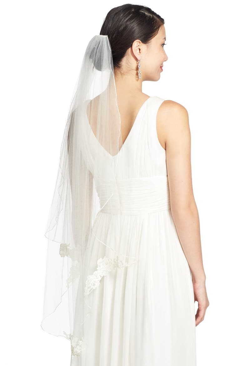 'Sunrise' Lace Appliqué Fingertip Veil, Main, color, LIGHT IVORY