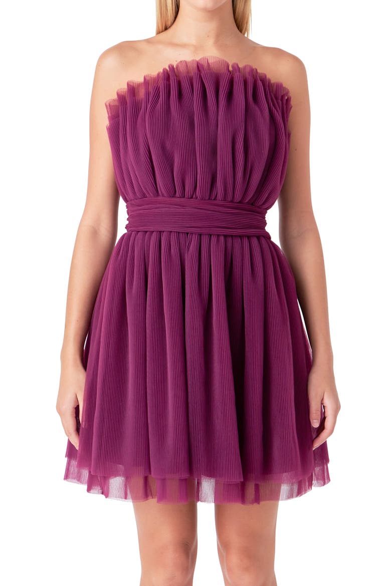 Strapless Tulle Minidress, Alternate, color, BERRY