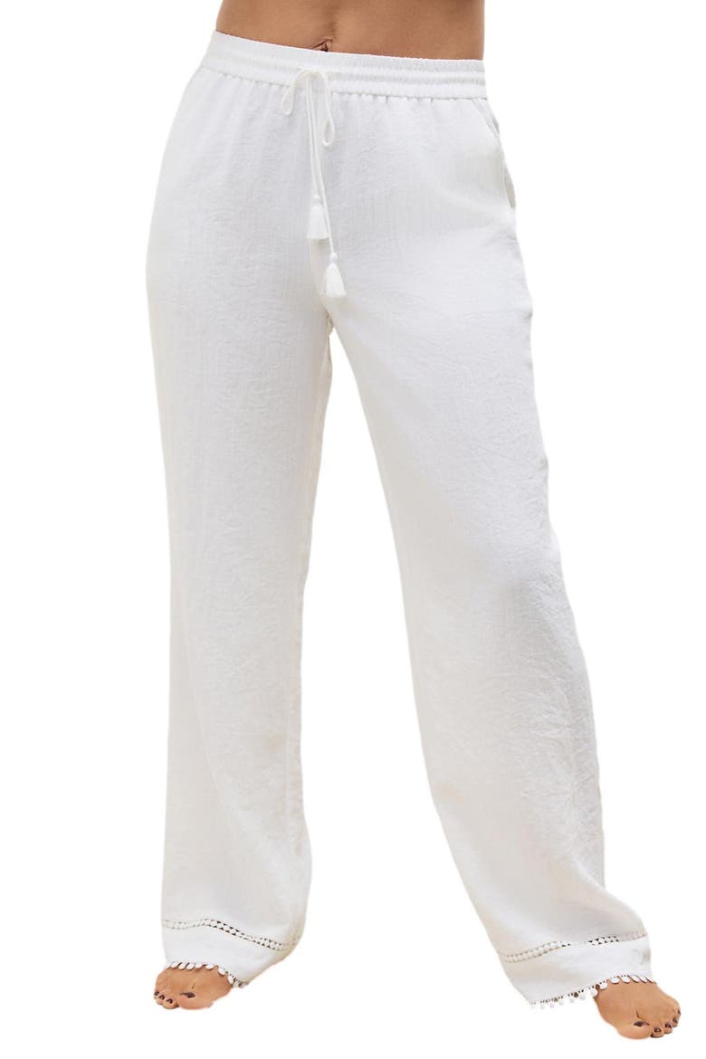 Crinkled Tie Waist Wide Leg Pants, Main, color, WHITE